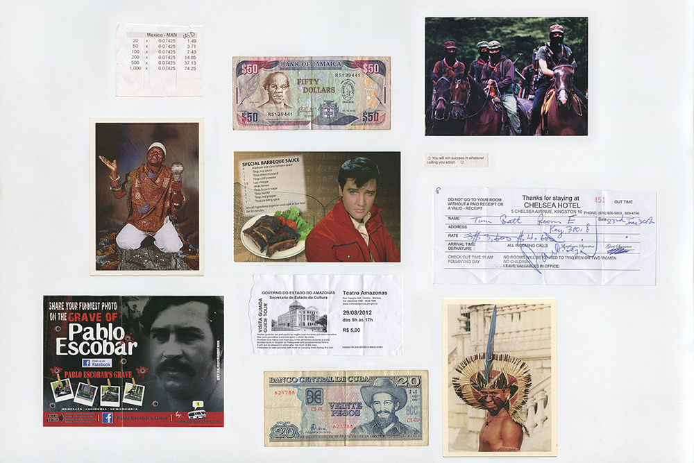 (Top left to bottom right) MXN - USD Exchange rate issued in San Antonio, USA; Bank Of Jamaica $50 Note with portrait of Samuel Sharpe; Postcard of Subcomandante Marcos from the EZLN, México; Postcard of the Father of Saints, Brasil; Postcard of Recipe for Barbeque Sauce, Memphis, USA; Fortune Cookie prophecy; Receipt of Payment at Chelsea Hotel, Kingston, Jamaica; Advertising flyer for the grave of Pablo Escobar, Medellín, Colombia; Ticket to Teatro Amazonas, Manaus, Brasil; Banco Central De Cuba 20 Cuban Peso note with portrait of Camilo Cienfuegos; Postcard of Pataxó Indian, Brasil.